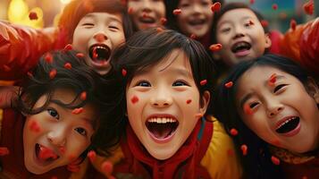 AI generated Happy Asian Kids Celebrating Chinese New Year Outdoors photo