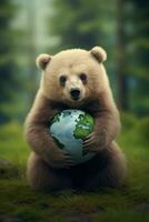 ai generado oso abrazando abrazando planeta globo tierra para naturaleza proteccion, tierra día, mundo ambiente día, salvar th mundo. cero carbón dióxido emisiones foto