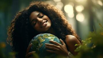 AI generated Happy Woman Hugging Planet Earth. Female Embracing Globe Earth for World Protection, Earth Day, World Environment Day, Save th World. Zero Carbon Dioxide Emissions photo