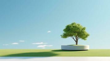 AI generated Tree growth on podium and standing on blue background. advertising design photo