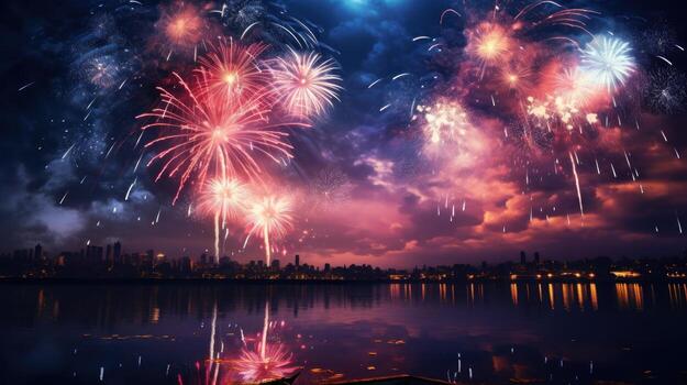 AI generated Wonderful colorful fireworks exploding on night sky backgroundwith free space for design, Happy new year or holiday celebration photo
