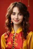 AI generated Studio portrait of happy young european woman wear traditional chinese costume on red background. Happy chinese new year photo