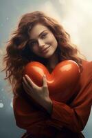 AI generated Happy Woman Hugging Red Heart. Female Embracing Heart for Valentines Celebration, In Love, Happy Valentine's Day photo