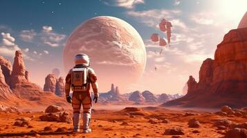 AI generated An astronaut exploring the moon. Science fiction, Space exploration, Planet universe photo