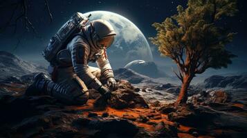 AI generated An astronaut plants a tree on moon. Science fiction, Space exploration photo