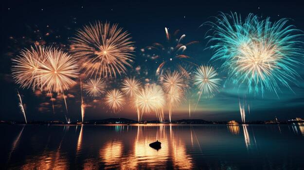 AI generated Wonderful colorful fireworks exploding on night sky backgroundwith free space for design, Happy new year or holiday celebration photo