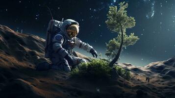 AI generated An astronaut plants a tree on moon. Science fiction, Space exploration photo