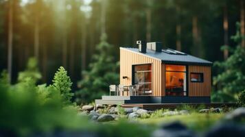 AI generated Eco friendly house on green nature bokeh background, Mini house on green grass photo