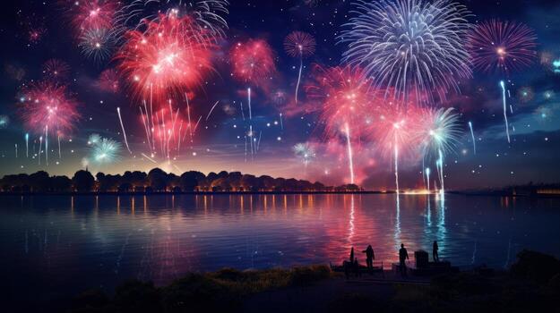 AI generated Wonderful colorful fireworks exploding on night sky backgroundwith free space for design, Happy new year or holiday celebration photo