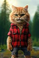 AI generated Cat wearing a red lumberjack shirt on green nature background photo