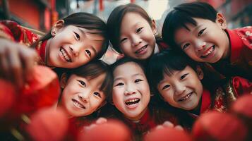 ai generado contento asiático niños celebrando chino nuevo año al aire libre foto