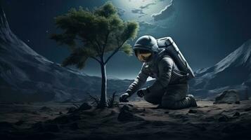 AI generated An astronaut plants a tree on moon. Science fiction, Space exploration photo