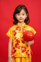 AI generated Studio portrait of happy asian girl wear traditional chinese costume on red background, Happy chinese new year. photo
