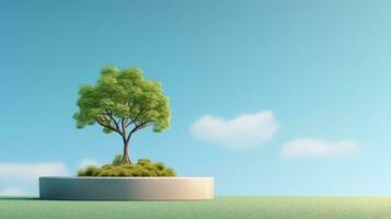 AI generated Tree growth on podium and standing on blue background. advertising design photo