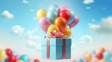 AI generated Gift box with colorful balloons on cloudy sky backgroud. Birthday anniversary, Party celebration photo