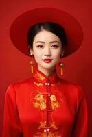 AI generated Studio portrait of happy young asian woman wear traditional chinese costume on red background, Happy chinese new year. photo