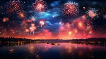 AI generated Wonderful colorful fireworks exploding on night sky backgroundwith free space for design, Happy new year or holiday celebration photo