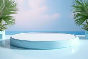 AI generated Empty podium for cosmetic presentation, light blue scene for product exhibition, display, showcase photo