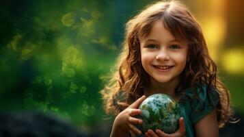 AI generated Happy Girl Hugging Planet Earth. Kid Embracing Globe Earth for World Protection, Earth Day, World Environment Day, Save th World. Zero Carbon Dioxide Emissions photo