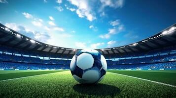 AI generated Ball on green grass in soccer stadium, Football banner illustration. Soccer field photo