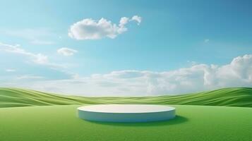 AI generated Empty podium for cosmetic showcase, scene for product exhibition, display, presentation. green field and blue sky background photo
