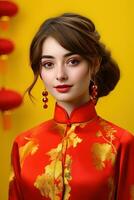 AI generated Studio portrait of happy young european woman wear traditional chinese costume on yellow background. Happy chinese new year photo