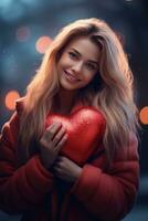 ai generado contento mujer abrazando rojo corazón. hembra abrazando corazón para san valentin celebracion, en amar, contento San Valentín día foto