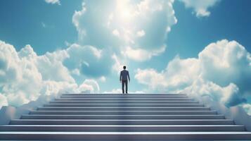 AI generated Businessman standing on top of stair cloudy sky background. Business goal and success concept, achievement, leadership photo