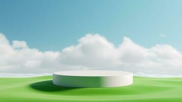 AI generated Empty podium for cosmetic showcase, scene for product exhibition, display, presentation. green field and blue sky background photo