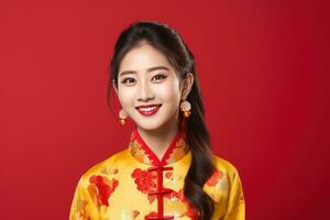 AI generated Happy young asian woman wear traditional chinese costume on studio background, Happy chinese new year photo