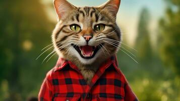 ai generado gato vistiendo un rojo leñador camisa en verde naturaleza antecedentes foto