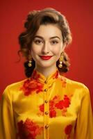 AI generated Studio portrait of happy young european woman wear traditional chinese costume on red background. Happy chinese new year photo