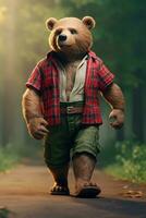 AI generated Bear wearing a red lumberjack shirt on green nature background photo