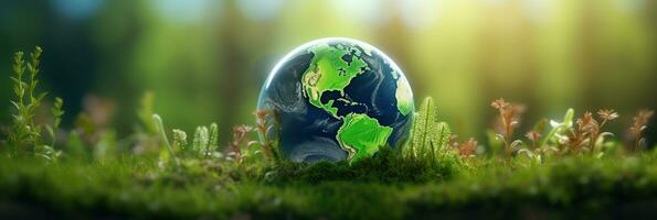 ai generado eco simpático tierra en verde naturaleza bokeh antecedentes. planeta globo tierra para naturaleza proteccion, tierra día, mundo ambiente día, salvar th mundo. cero carbón dióxido emisiones foto