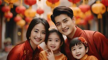 ai generado contento asiático familia celebrando chino nuevo año al aire libre foto