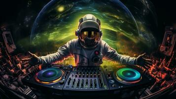 ai generado astronauta DJ mezcla música a espacio fiesta. DJ obras de teatro en el mejor música electrónica, mezclador controlador, entretenimiento foto