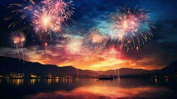 AI generated Wonderful colorful fireworks exploding on night sky backgroundwith free space for design, Happy new year or holiday celebration photo
