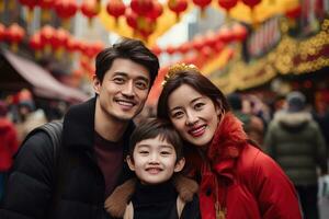 ai generado contento asiático familia celebrando chino nuevo año al aire libre foto