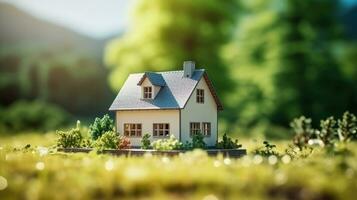 AI generated Eco friendly house on green nature bokeh background, Mini house on green grass photo