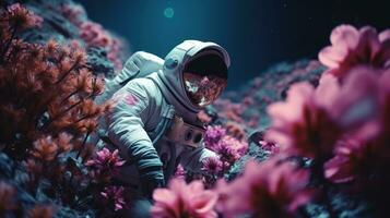 ai generado un astronauta explorador y investigando un variedad de plantas en otro planeta. Ciencias ficción, espacio foto