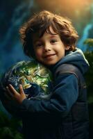 AI generated Happy Kid Hugging Planet Earth. Boy Embracing Globe Earth for World Protection, Earth Day, World Environment Day, Save th World. Zero Carbon Dioxide Emissions photo