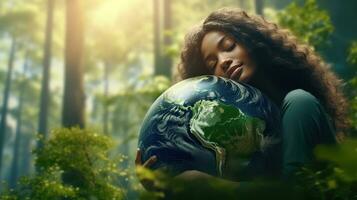 AI generated Happy Woman Hugging Planet Earth. Female Embracing Globe Earth for World Protection, Earth Day, World Environment Day, Save th World. Zero Carbon Dioxide Emissions photo
