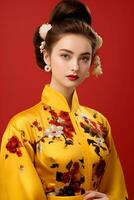 AI generated Studio portrait of happy young european woman wear traditional chinese costume on red background. Happy chinese new year photo