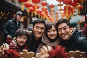 ai generado contento asiático familia celebrando chino nuevo año al aire libre foto