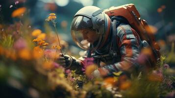 ai generado un astronauta explorador y investigando un variedad de plantas en otro planeta. Ciencias ficción, espacio foto