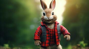 AI generated Rabbit wearing a red lumberjack shirt on green nature background photo