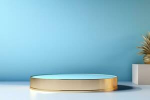 AI generated Empty podium for cosmetic presentation, light blue scene for product exhibition, display, showcase photo