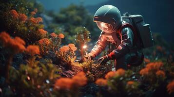 ai generado un astronauta explorador y investigando un variedad de plantas en otro planeta. Ciencias ficción, espacio foto