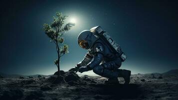 AI generated An astronaut plants a tree on moon. Science fiction, Space exploration photo