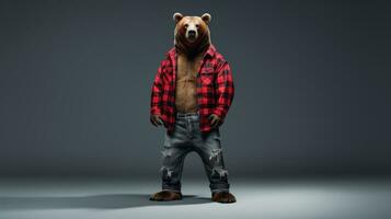 AI generated Studio shot of Bear wearing a red lumberjack shirt on dark background photo